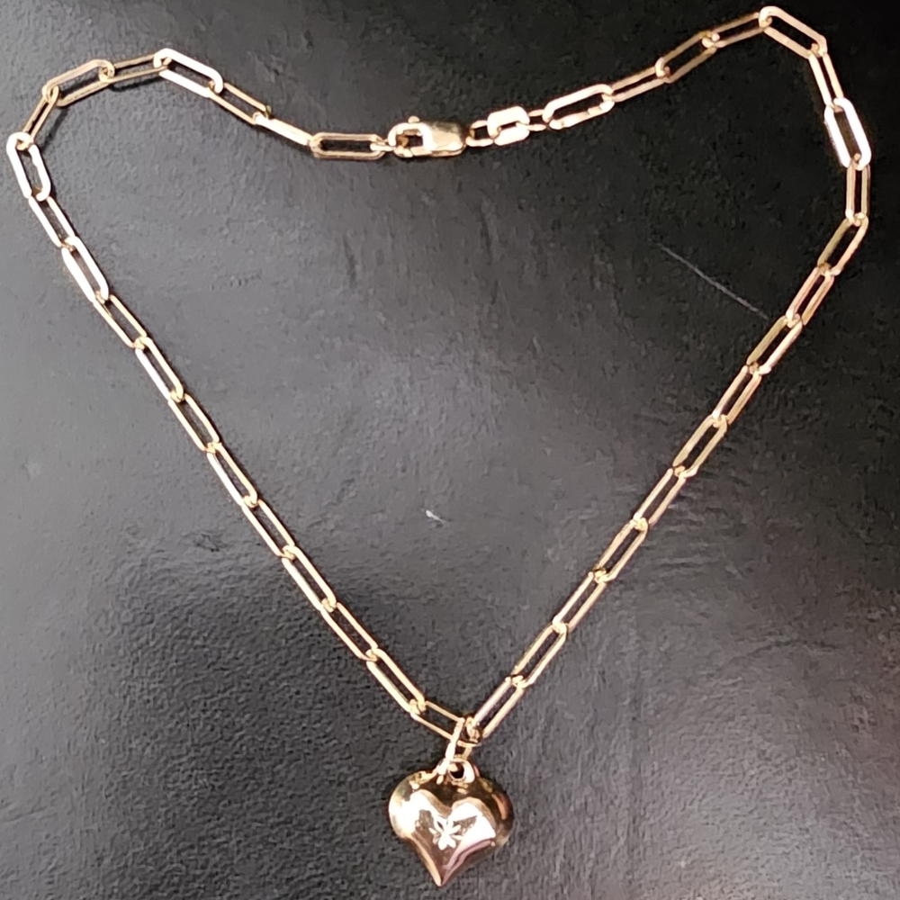 14k Solid Gold Heart Pendant Paperclip Bracelet
